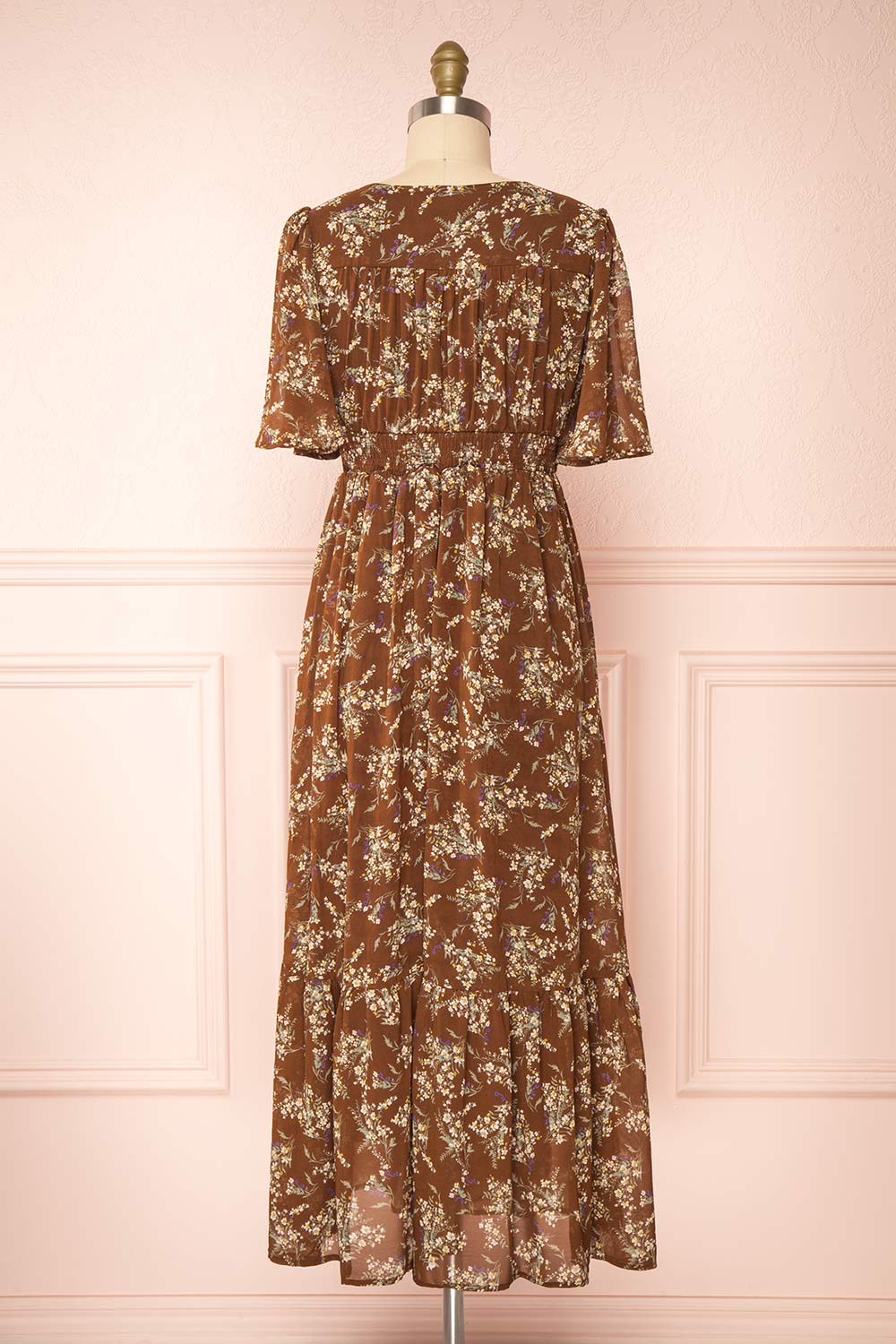 Britt Mocha | Floral Midi Dress w/ Short Sleeves | Boutique 1861 back view
