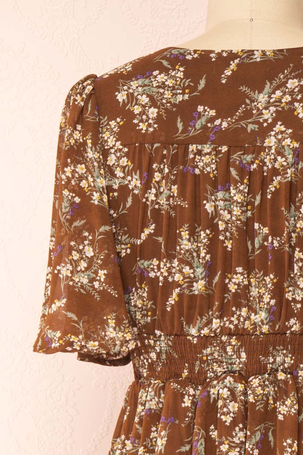 Britt Mocha | Floral Midi Dress w/ Short Sleeves | Boutique 1861 back close-up