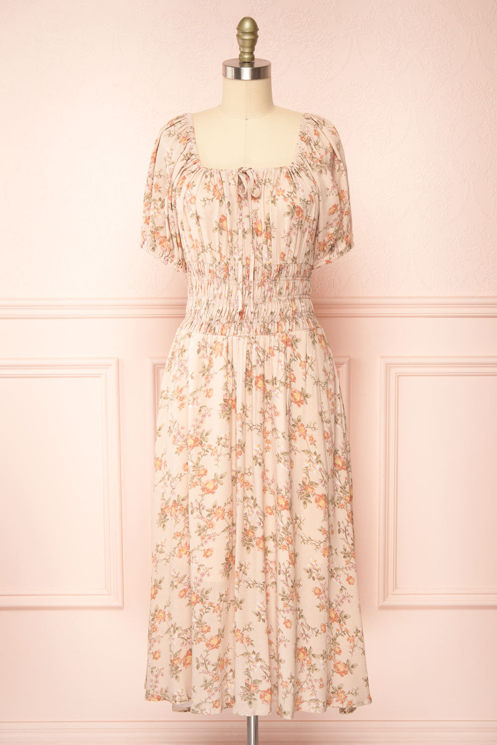 Brogalah Floral Midi Dress w/ Puffy Sleeves | Boutique 1861  front view