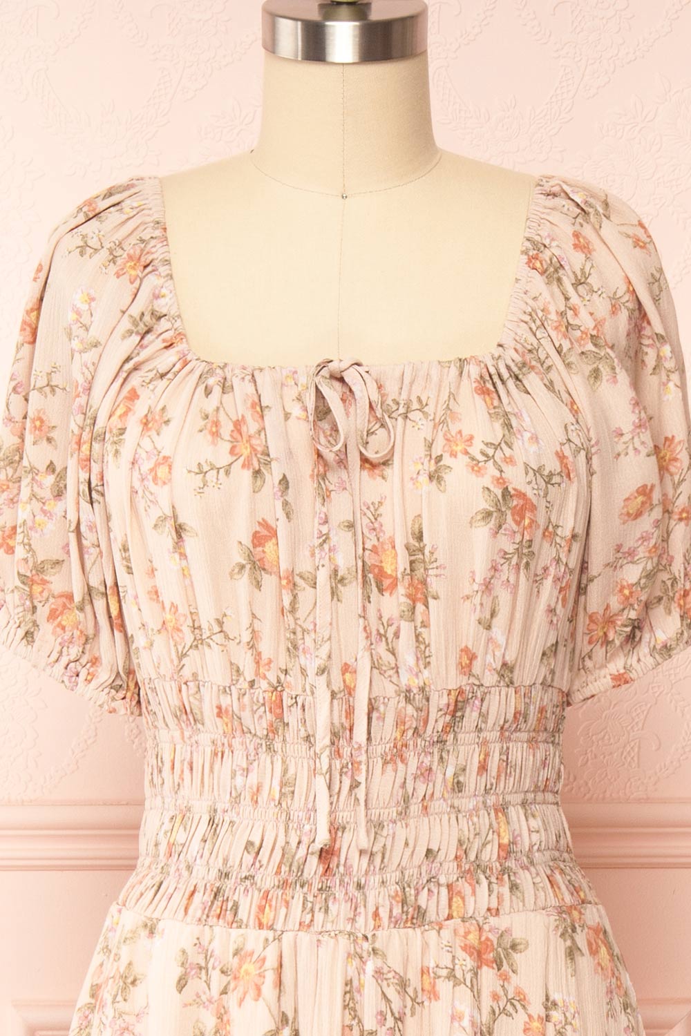 Brogalah Floral Midi Dress w/ Puffy Sleeves | Boutique 1861  front close up