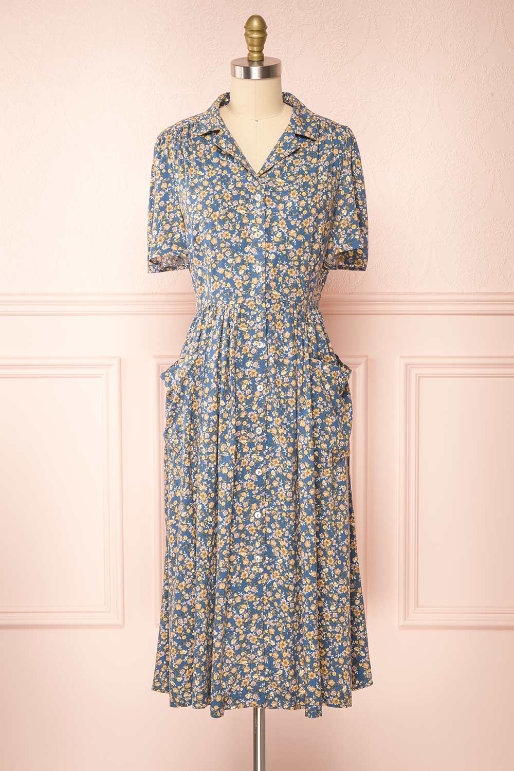 Bryttany Short Sleeve Floral Shirt Collar Midi Dress | Boutique 1861 front view