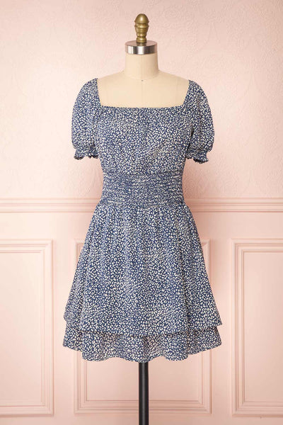 Caducei Blue Patterned Short Sleeve Dress | Boutique 1861 front view