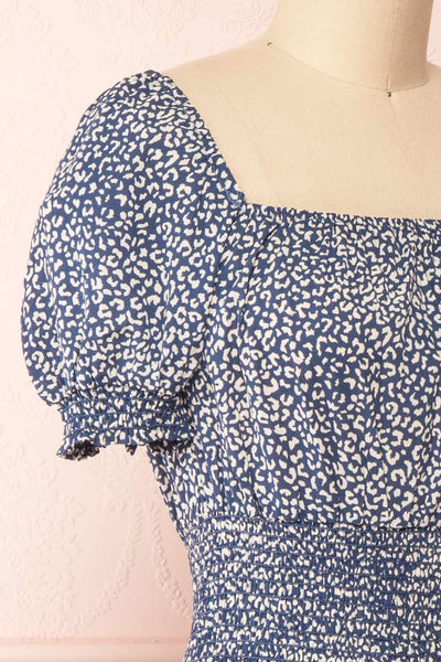 Caducei Blue Patterned Short Sleeve Dress | Boutique 1861 side close-up