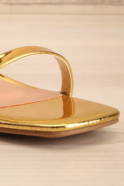 Caeruleum Gold Metallic Heeled Sandals | La petite garçonne front close-up