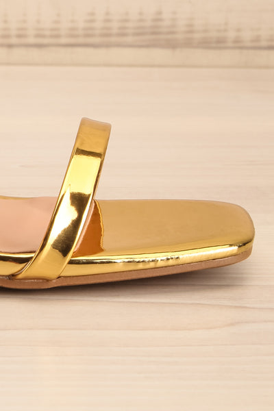 Caeruleum Gold Metallic Heeled Sandals | La petite garçonne side front close-up