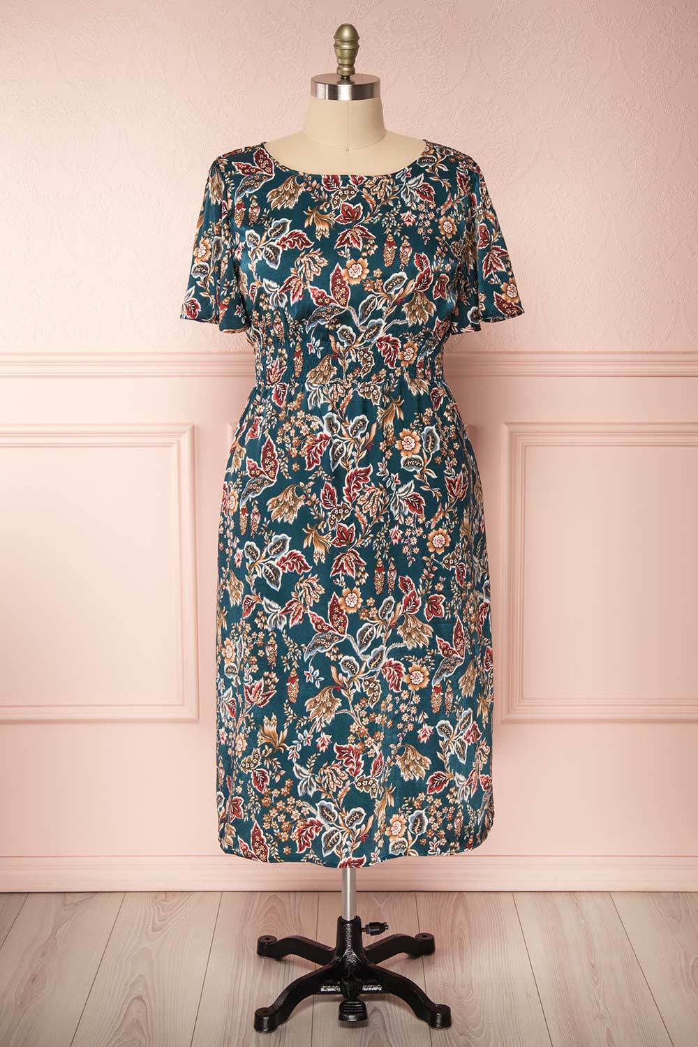 Cahan Teal Floral Silky Midi Dress | Robe | Boutique 1861