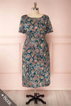 Cahan Teal Floral Silky Midi Dress | Robe front view | Boutique 1861