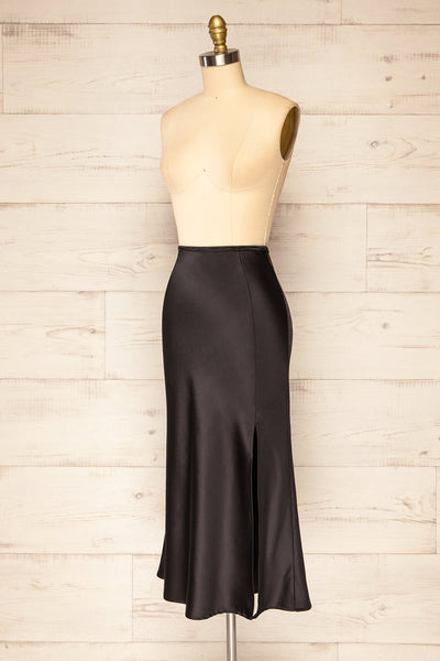 Cajon Black Satin Midi Skirt With Slit | La petite garçonne side view