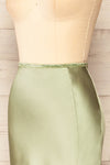 Cajon Sage Satin Midi Skirt With Slit | La petite garçonne side close-up
