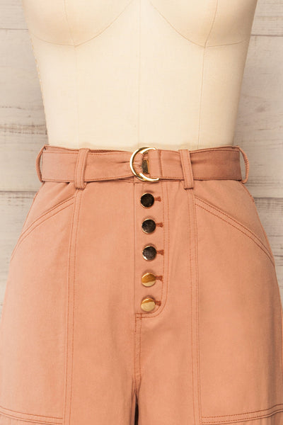 Cajontambo Pink Denim Wide-Leg Pants w/ Belt | La petite garçonne front close-up