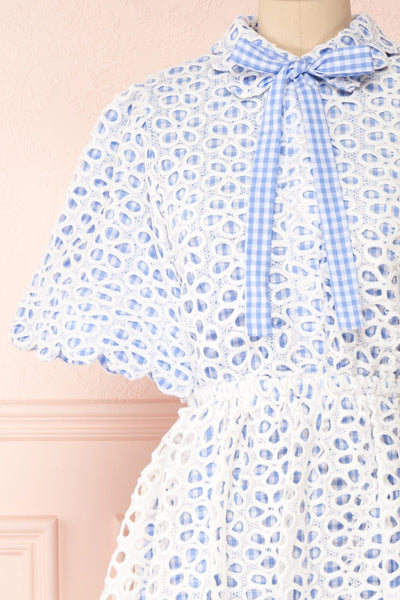 Calaeno White & Blue Openwork Lace Collared Dress | Boutique 1861 front close-up