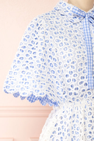 Calaeno White & Blue Openwork Lace Collared Dress | Boutique 1861 side close-up