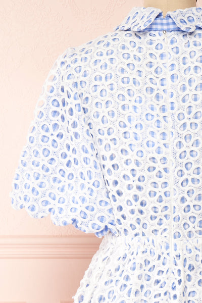 Calaeno White & Blue Openwork Lace Collared Dress | Boutique 1861 back close-up