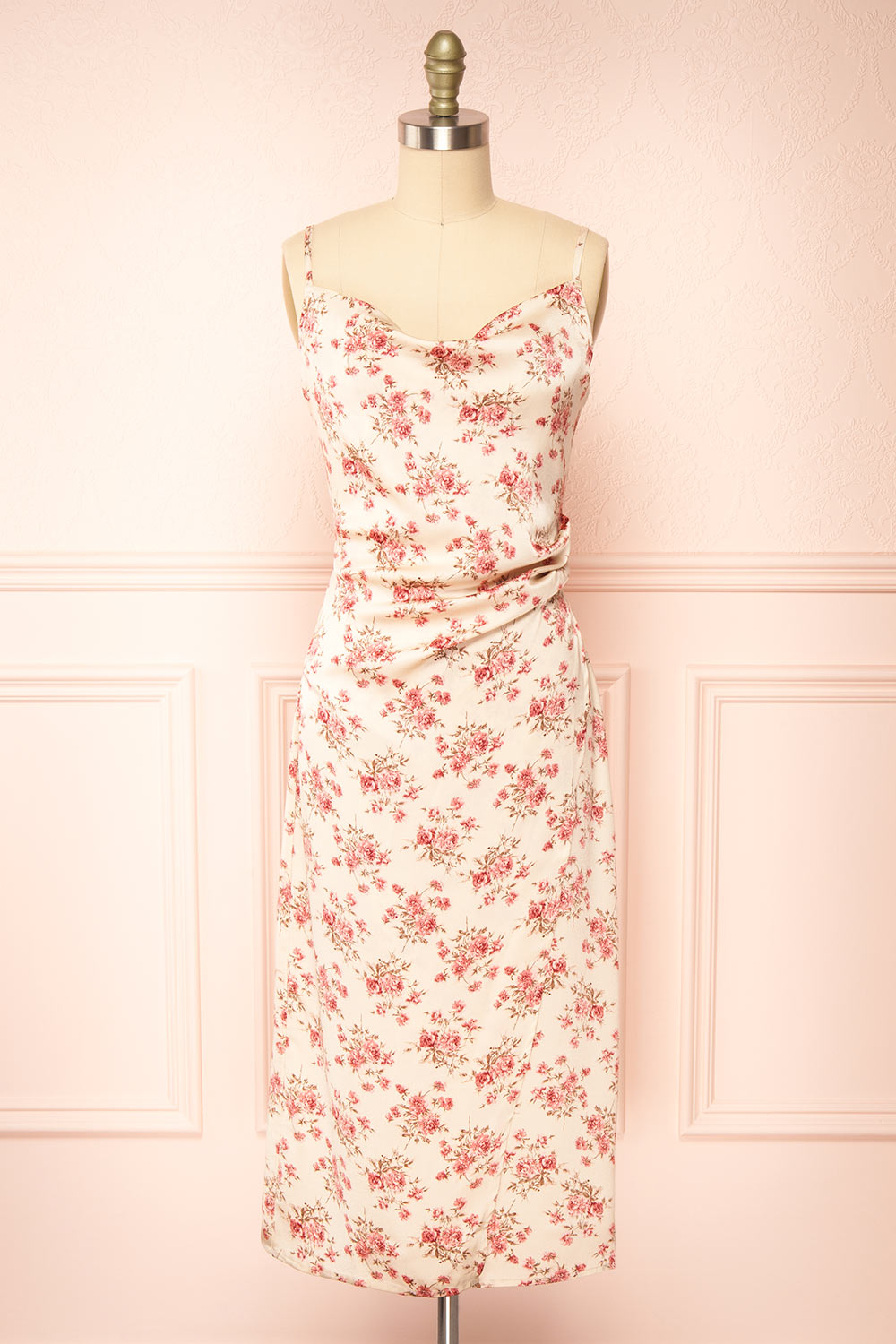 Calliope Ivory Cowl Neck Floral Midi Dress | Boutique 1861 front view