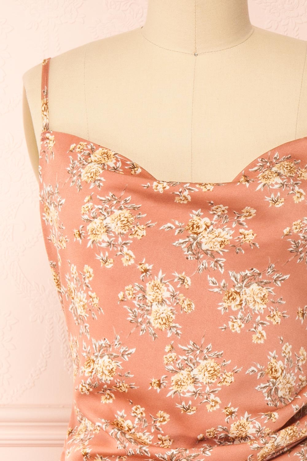 Calliope Pink Cowl Neck Floral Midi Dress | Boutique 1861 front close-up