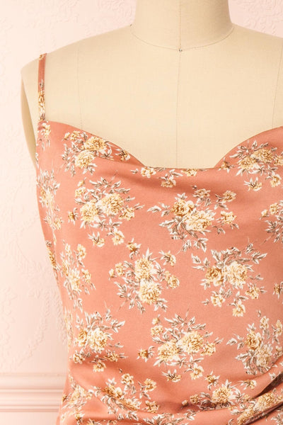 Calliope Pink Cowl Neck Floral Midi Dress | Boutique 1861 front close-up