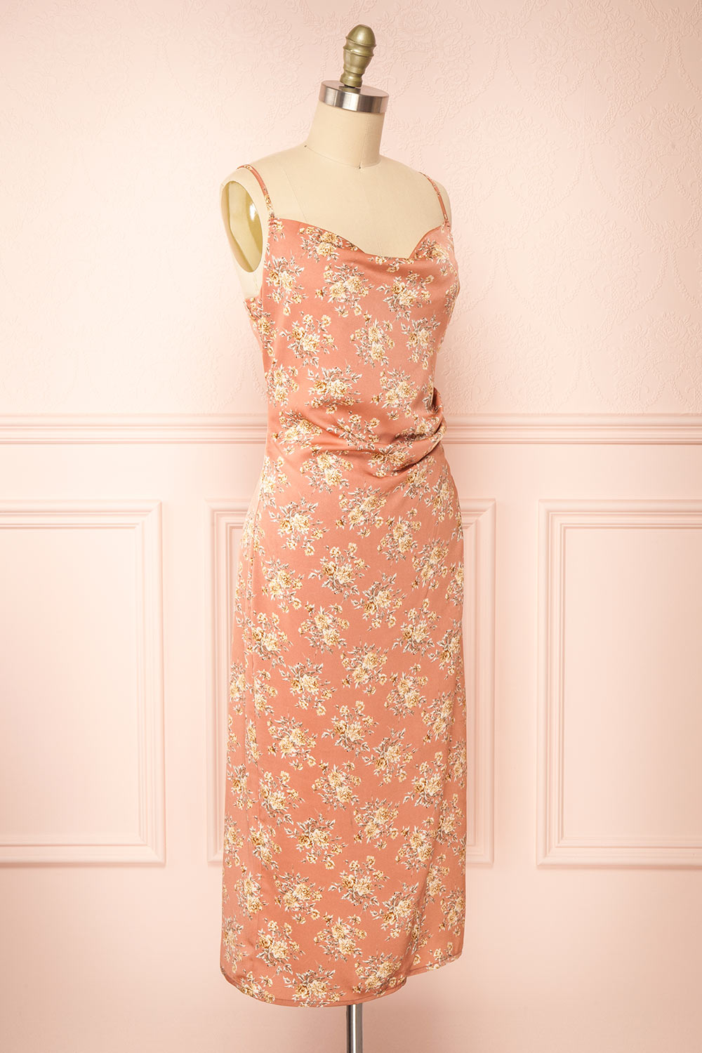 Calliope Pink Cowl Neck Floral Midi Dress | Boutique 1861 side view