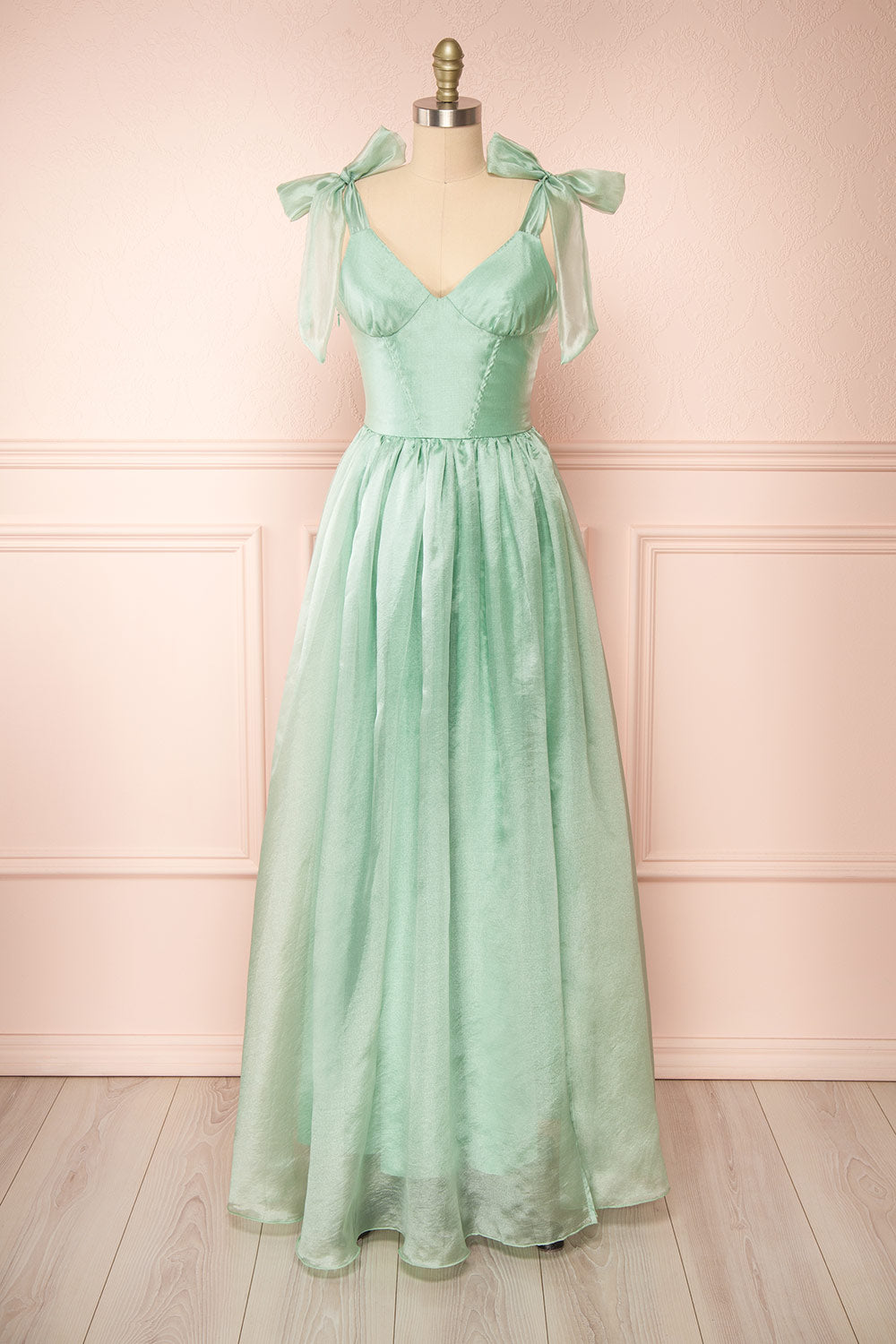 Calypso Sage Green Corset Maxi Dress | Boutique 1861 front view 