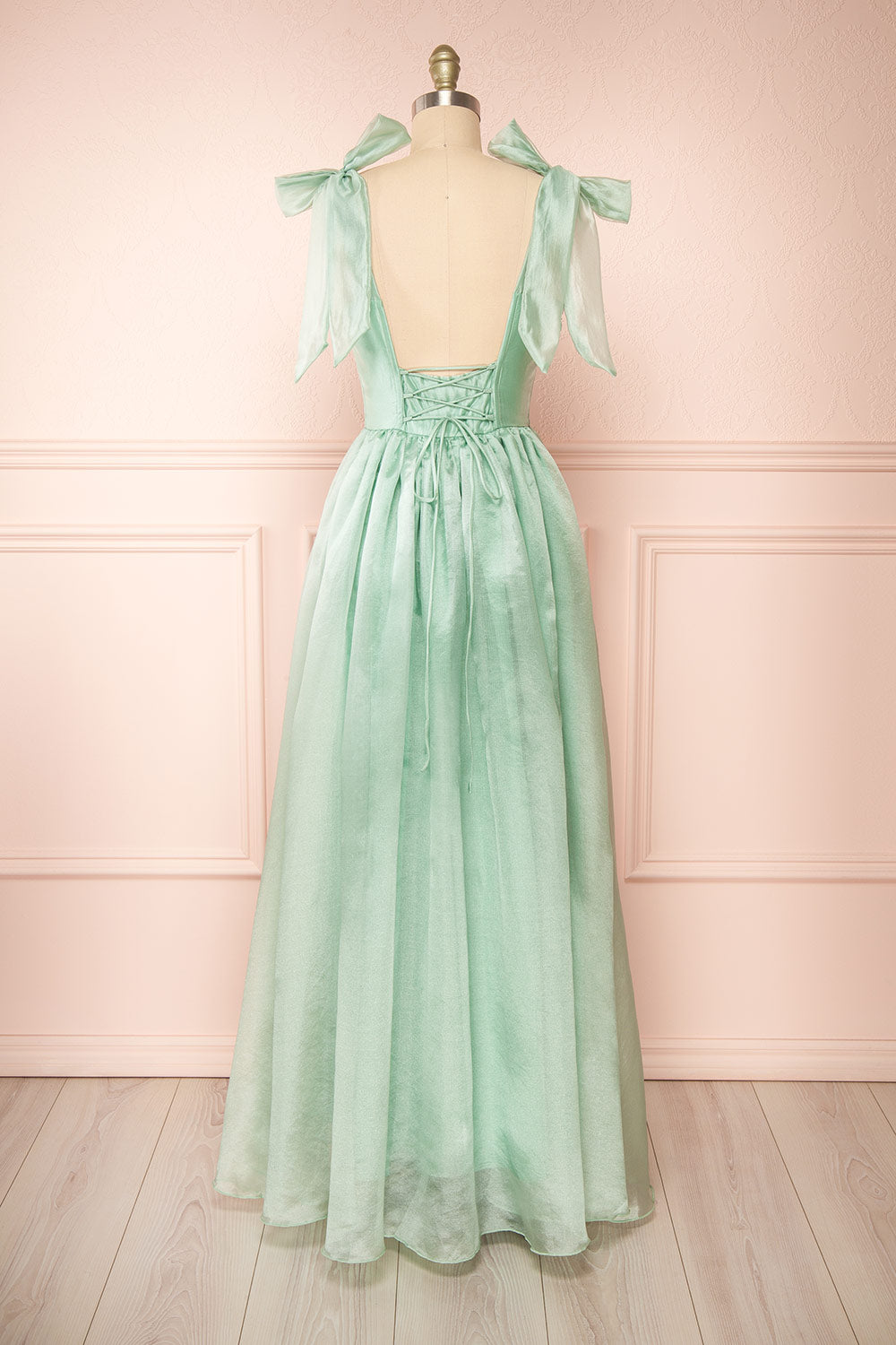 Calypso Sage Green Corset Maxi Dress | Boutique 1861 back view