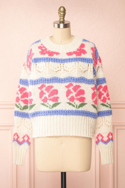 Canaries Rose Colourful Round Neck Knit Sweater | Boutique 1861 front view