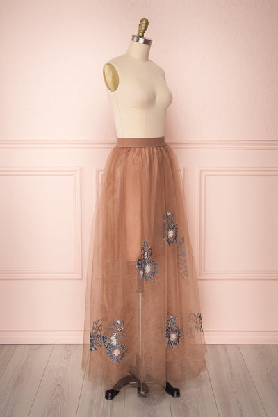 Cardea Taupe Mesh Maxi Skirt with Floral Embroidery | Boutique 1861 3