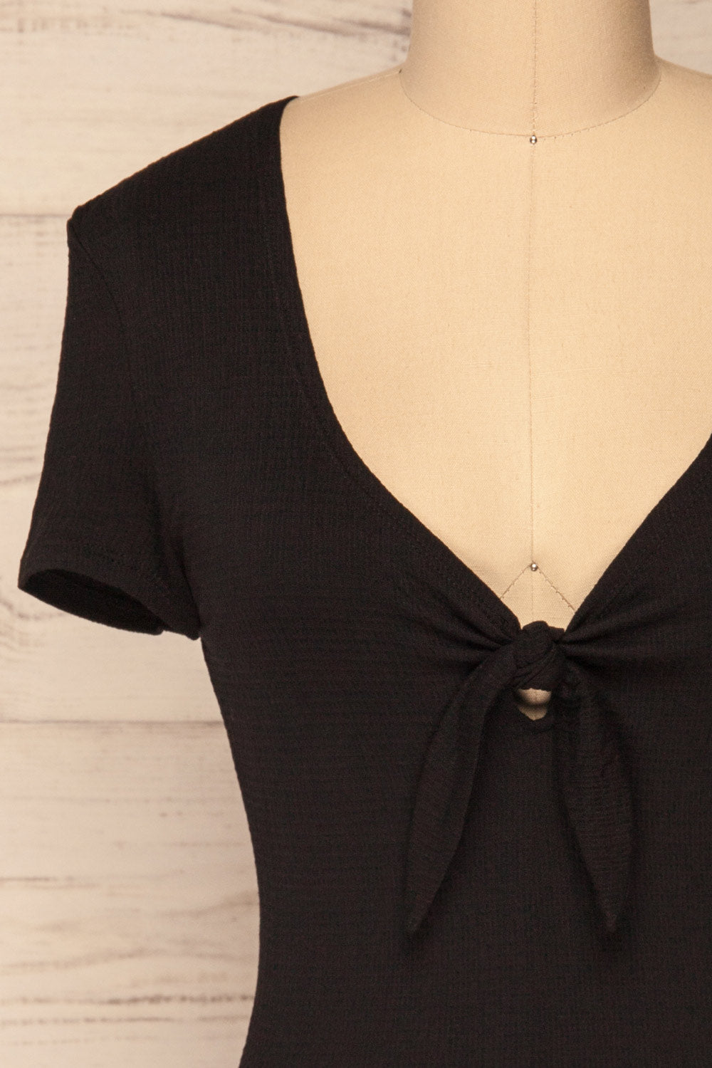 Cardiff Black V-Neck Knotted Top | La Petite Garçonne front close-up