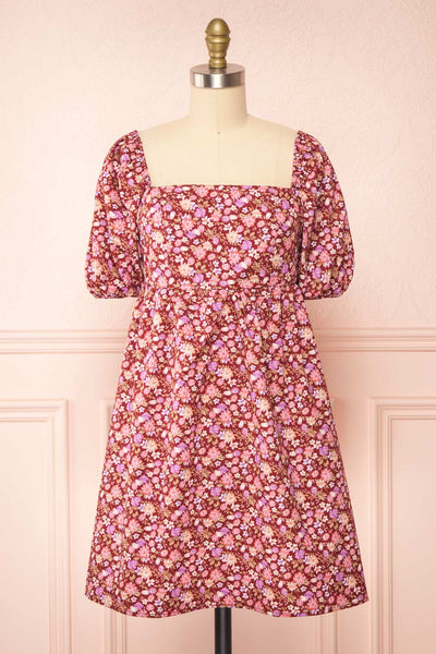 Caritas Burgundy Short Floral Dress w/ Puffy Sleeves | Boutique 1861 front view