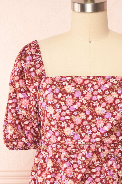 Caritas Burgundy Short Floral Dress w/ Puffy Sleeves | Boutique 1861 front close up