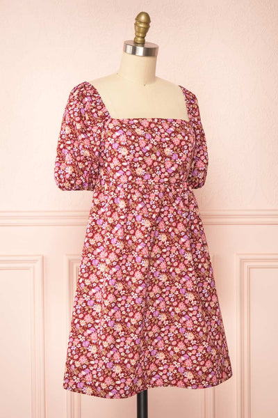 Caritas Burgundy Short Floral Dress w/ Puffy Sleeves | Boutique 1861 side view