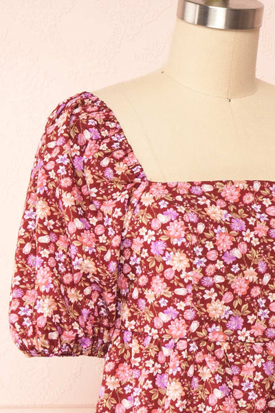 Caritas Burgundy Short Floral Dress w/ Puffy Sleeves | Boutique 1861side close up