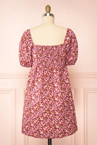 Caritas Burgundy Short Floral Dress w/ Puffy Sleeves | Boutique 1861back view