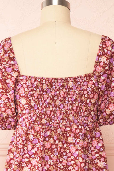 Caritas Burgundy Short Floral Dress w/ Puffy Sleeves | Boutique 1861 back close up