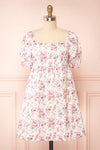 Caritas White Short Floral Dress w/ Puffy Sleeves | Boutique 1861  front view