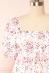 Caritas White Short Floral Dress w/ Puffy Sleeves | Boutique 1861  front close up