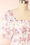 Caritas White Short Floral Dress w/ Puffy Sleeves | Boutique 1861  side close up