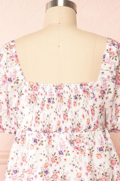 Caritas White Short Floral Dress w/ Puffy Sleeves | Boutique 1861 back close up