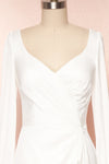 Carmelina White Silky V-Neck Maxi Bridal Dress | Boudoir 1861 front close up