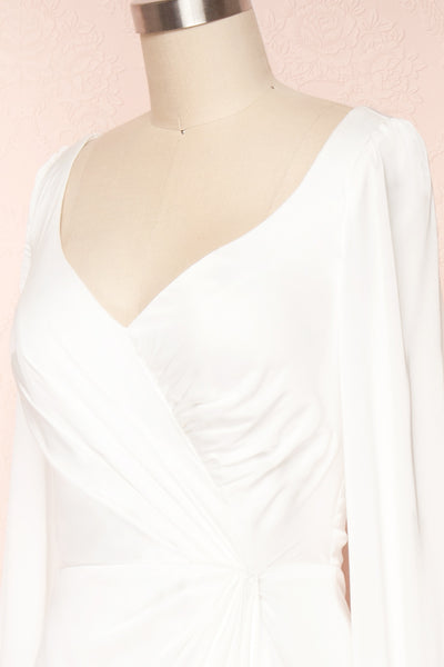 Carmelina White Silky V-Neck Maxi Bridal Dress | Boudoir 1861 side close up