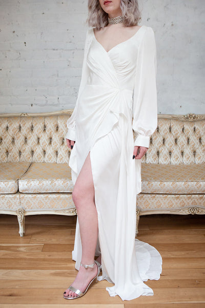 Carmelina Maxi Dress - Flowing Silhouette - Deep Neckline - Intricate Waist Detailing - Vibrant Colors - Thigh-High Slit