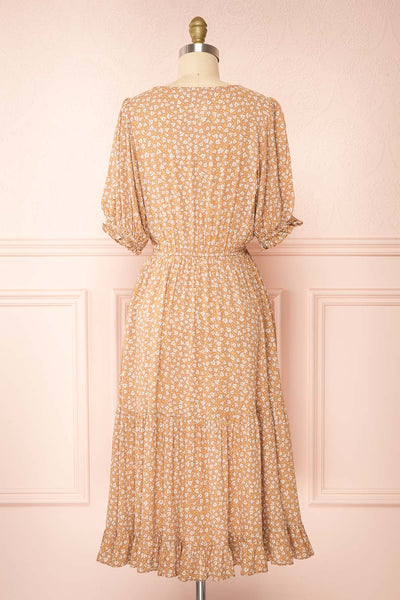Carmella Mustard V-Neck Floral Midi Dress w/ Frills | Boutique 1861 back view