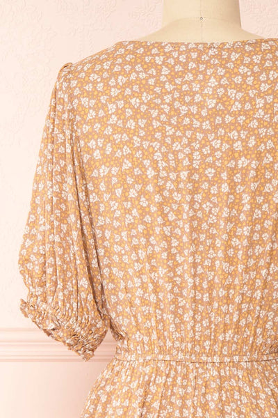 Carmella Mustard V-Neck Floral Midi Dress w/ Frills | Boutique 1861 back close-up