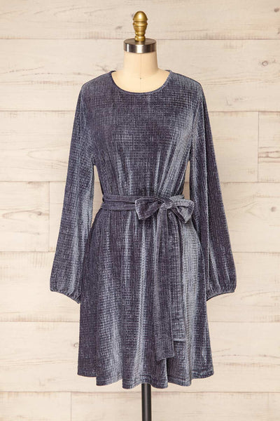 Casale Grey Short Ribbed Velvet Dress | La petite garçonne front close-up