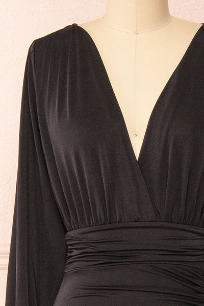 Cassidy Black Plunging Neckline Mermaid Maxi Dress | Boutique 1861 front close-up