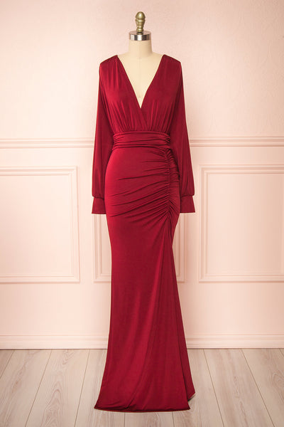 Cassidy Burgundy Plunging Neckline Mermaid Maxi Dress | Boutique 1861 front view