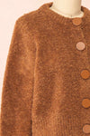 Cassy Brown Bouclé Knit Cardigan w/ Buttons side close-up