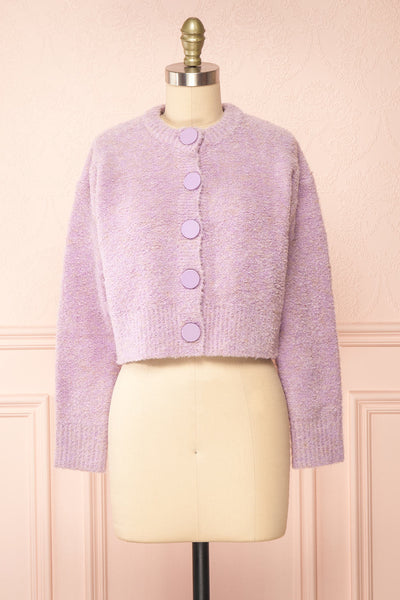 Cassy Lilac Bouclé Knit Cardigan w/ Buttons | Boutique 1861 front view