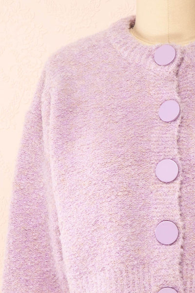 Cassy Lilac Bouclé Knit Cardigan w/ Buttons | Boutique 1861 front close-up