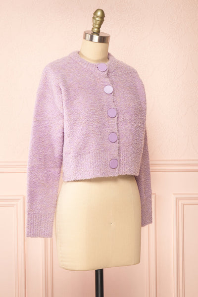 Cassy Lilac Bouclé Knit Cardigan w/ Buttons | Boutique 1861 side view