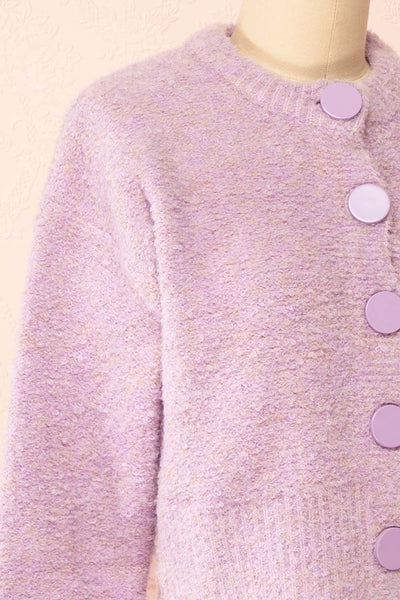 Cassy Lilac Bouclé Knit Cardigan w/ Buttons | Boutique 1861 side close-up