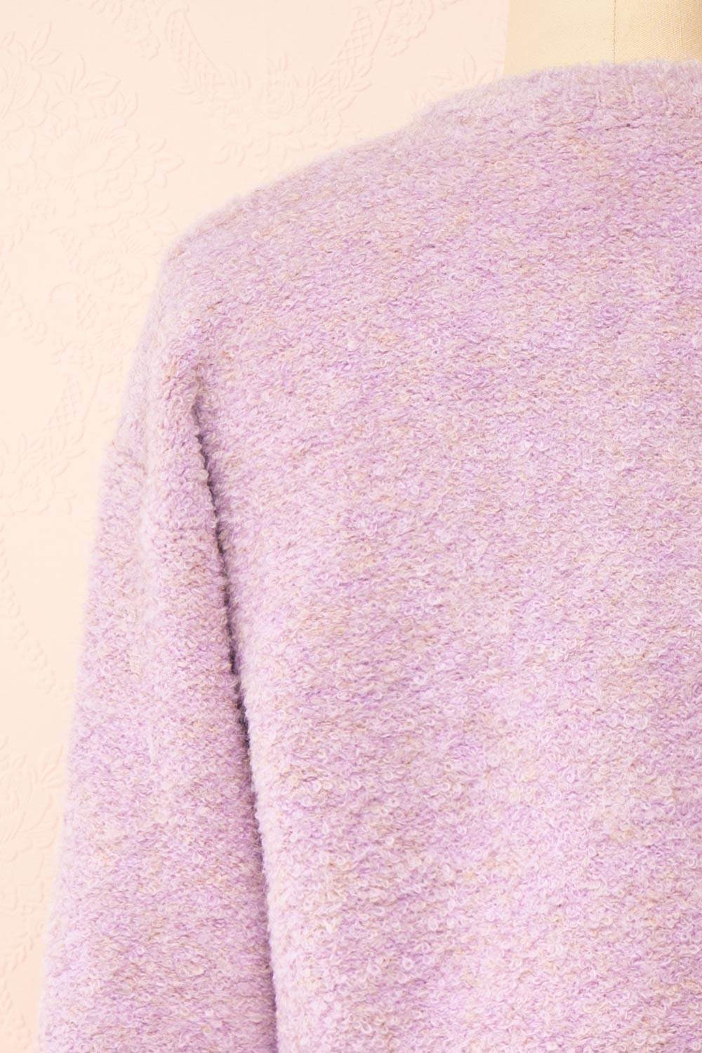 Cassy Lilac Bouclé Knit Cardigan w/ Buttons | Boutique 1861 back close-up